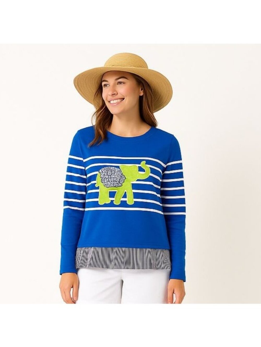 NEW Crown | Ivy 2FER Sweatshirt Beaded Elephant Stripe Preppy Blue Lime Size XS